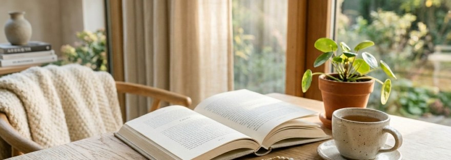 livre sur une table devant une fenetre