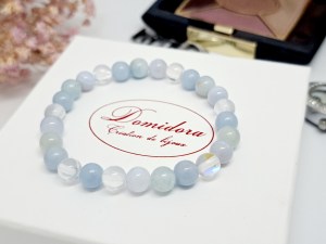 bracelet pierres naturelles bleues, celestine, aigue marine et aqua aura